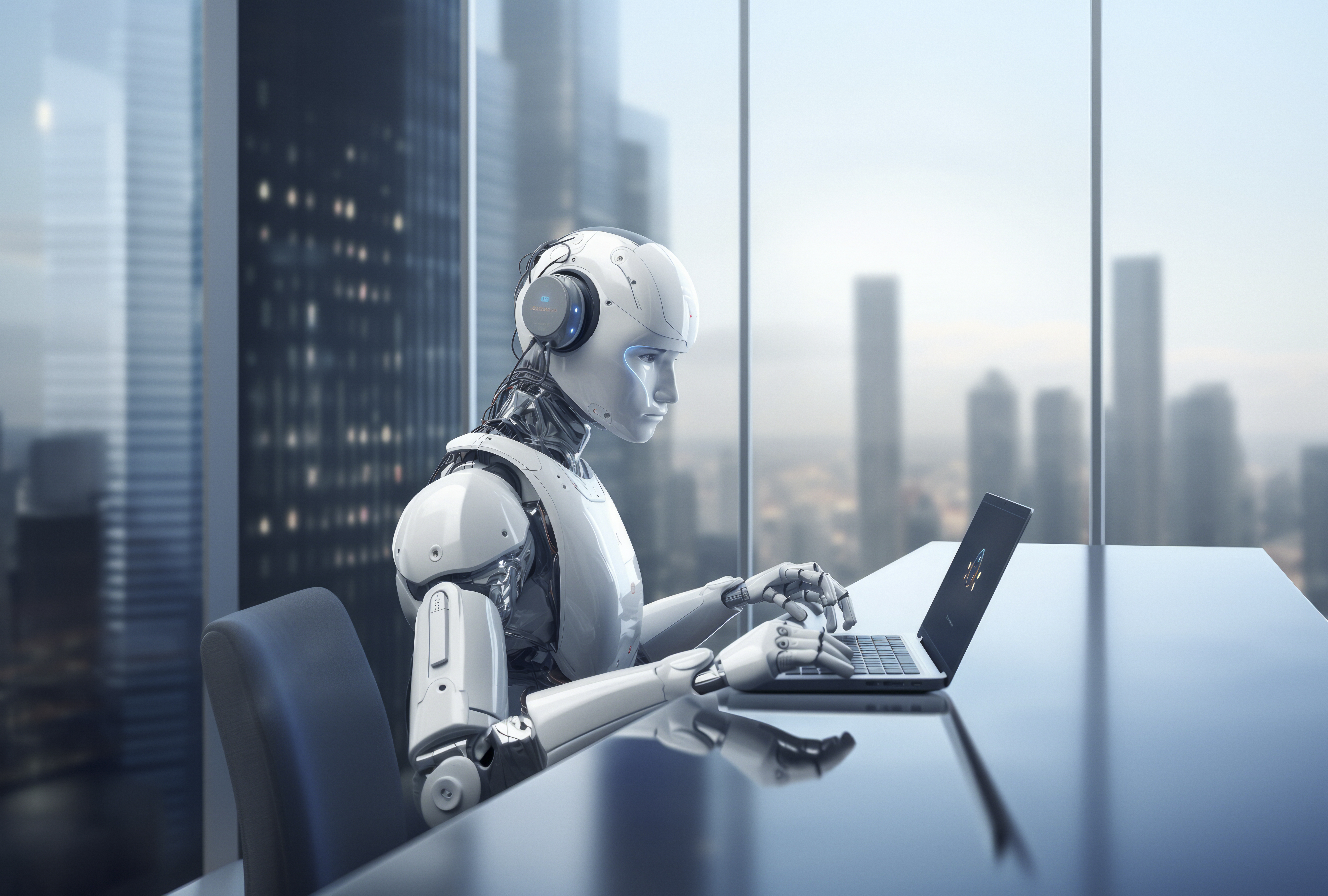 robot pracujúci s notebookom