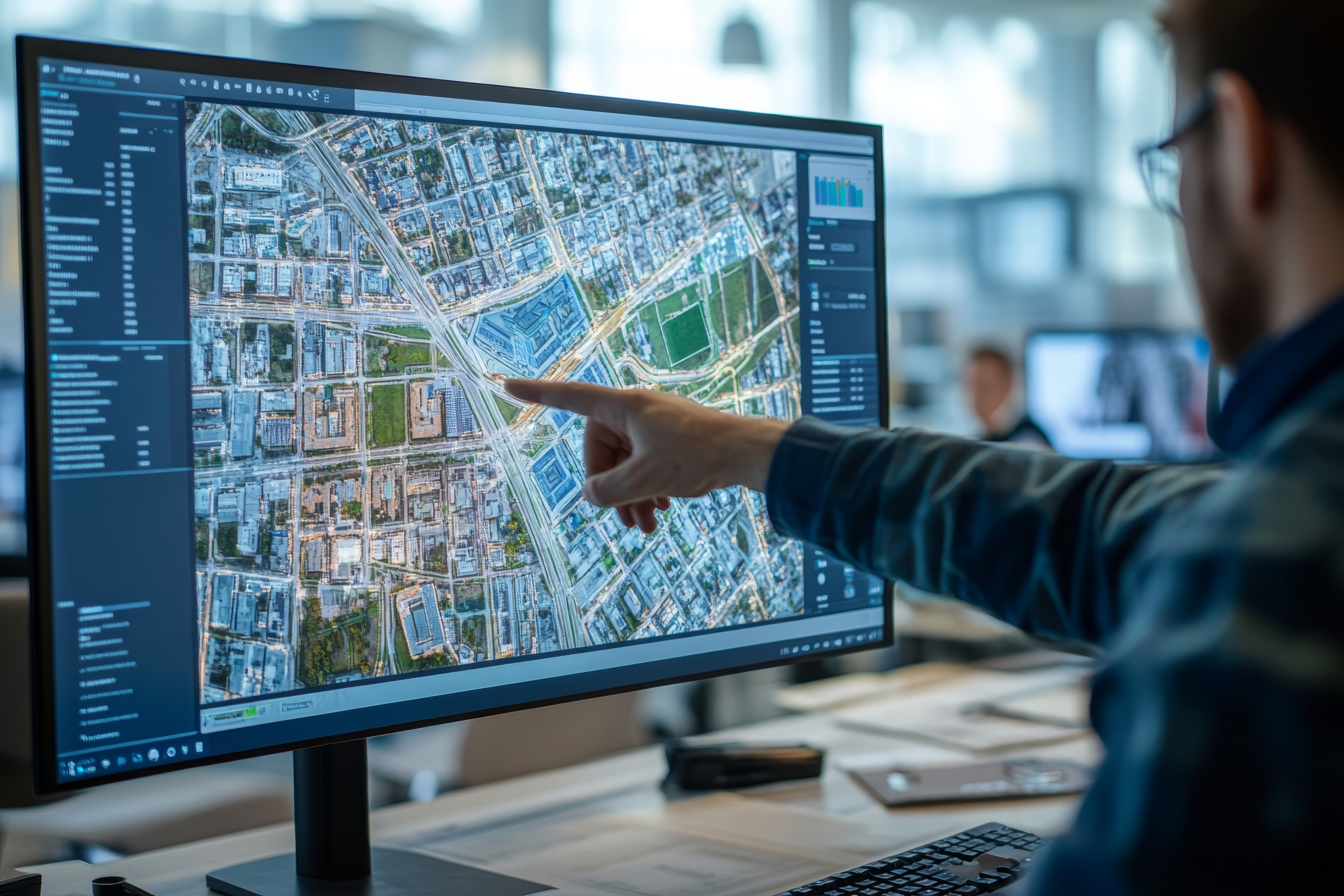 ruka ukazujúca na monitor s GIS